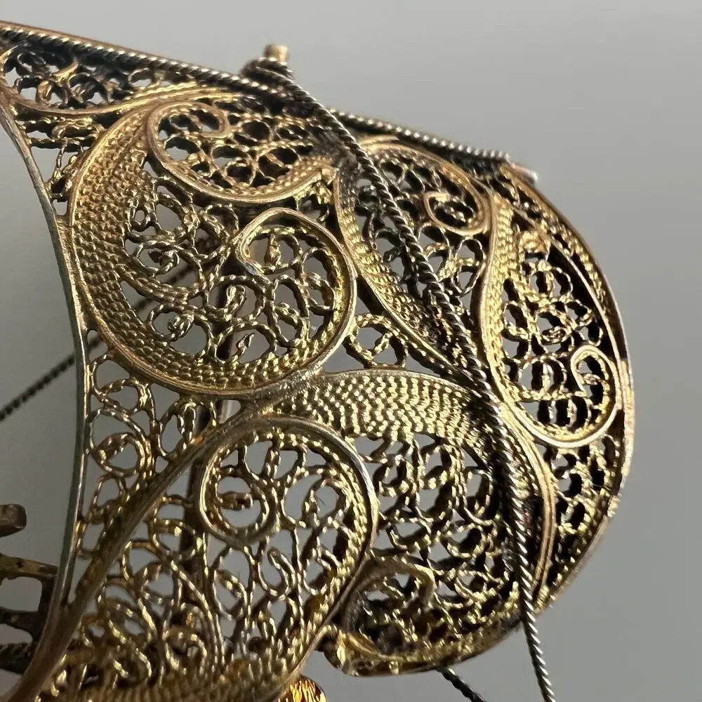Vintage Gold Tone Filigree Chinese Ship Boat Brooch
